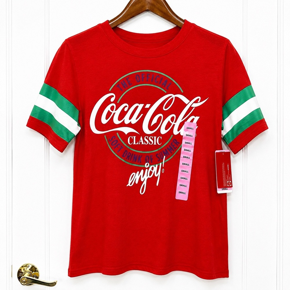 Coca-Cola Classic Red Graphic Tee Womens Small Green White Sleeve Stripes NWT